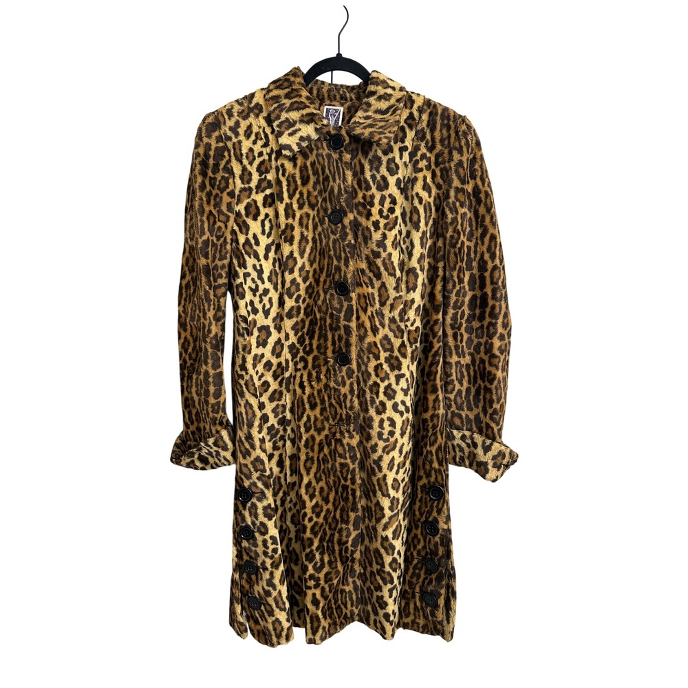 Vintage Zelda Faux Fur Animal Leopard Print Button Front Trench Coat USA Size 10